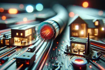alt_text: Close-up of a fiber optic cable with a faint red glow, representing packet loss, in a modern home network.