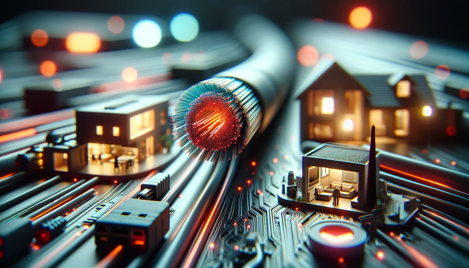 alt_text: Close-up of a fiber optic cable with a faint red glow, representing packet loss, in a modern home network.