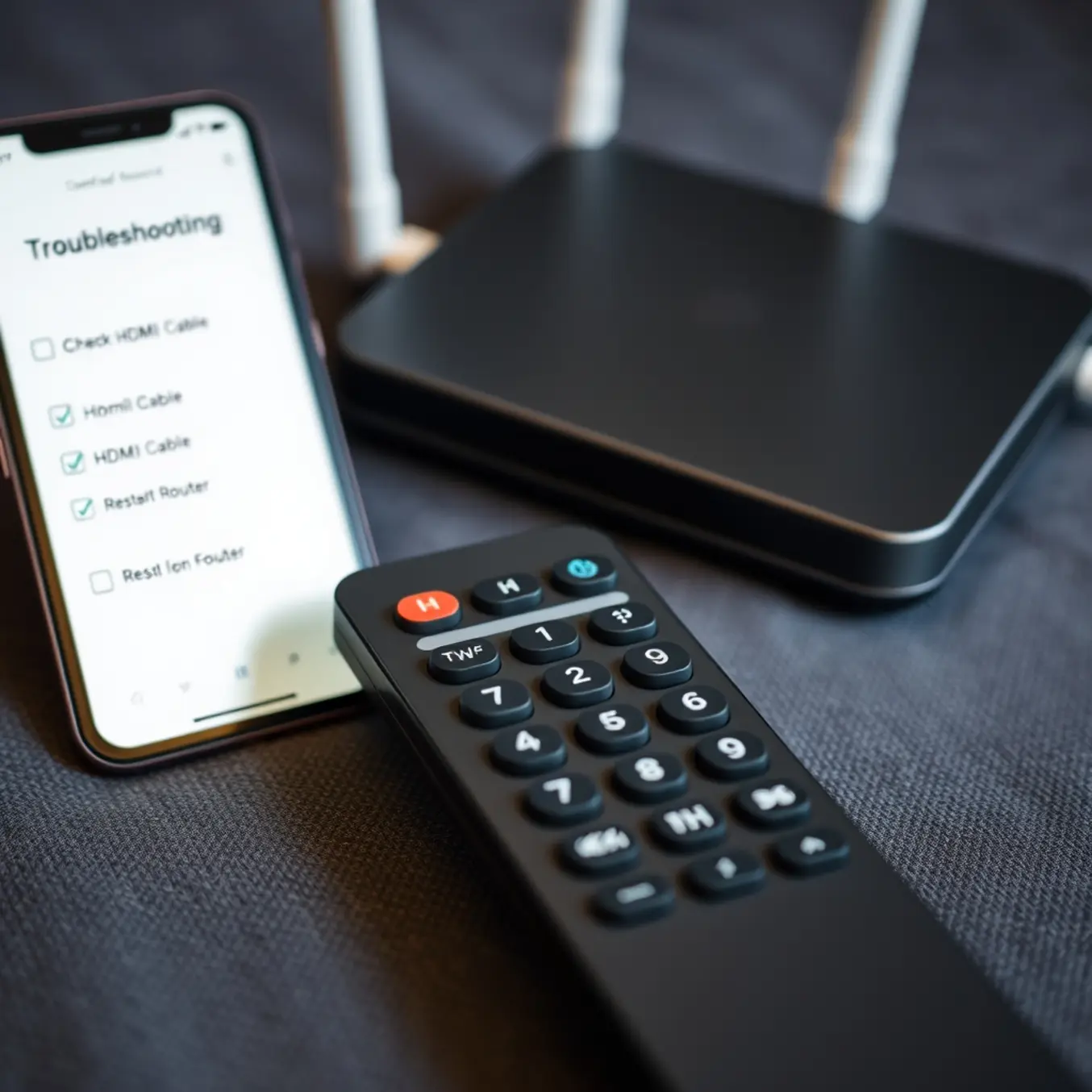 alt_text: A modern remote on dark fabric. A blurred phone shows a troubleshooting checklist. The mood is practical and solution-focused.