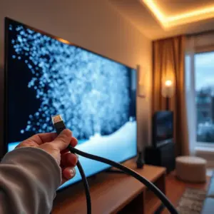 alt_text: A hand plugs an Ethernet cable into a frozen, pixelated TV screen in a cozy living room.