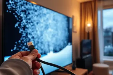 alt_text: A hand plugs an Ethernet cable into a frozen, pixelated TV screen in a cozy living room.