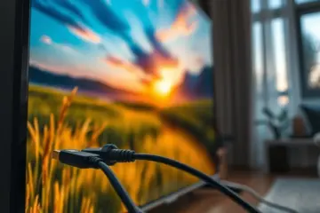alt_text: A modern 4K TV displays a vibrant nature documentary, with high-speed cables connected, in a contemporary living room at dusk.