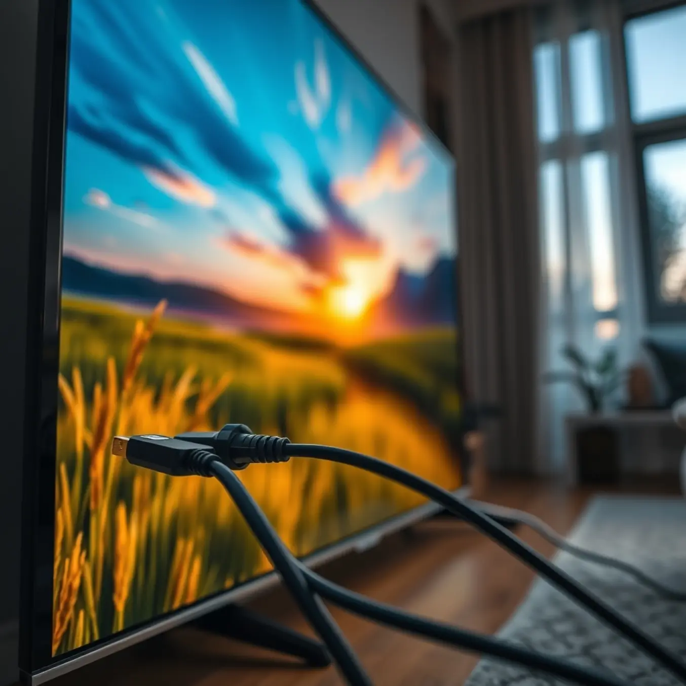 alt_text: A modern 4K TV displays a vibrant nature documentary, with high-speed cables connected, in a contemporary living room at dusk.