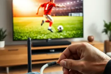 alt_text: A soccer player's powerful kick on a TV screen contrasts with a technician's hands calmly fixing the router connection.