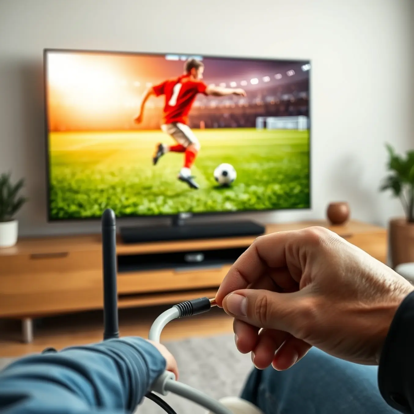 alt_text: A soccer player's powerful kick on a TV screen contrasts with a technician's hands calmly fixing the router connection.