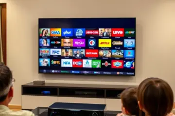 alt_text: A Filipino family relaxes on their sofa at night, watching a vibrant mosaic of popular local channels on their large flatscreen TV.