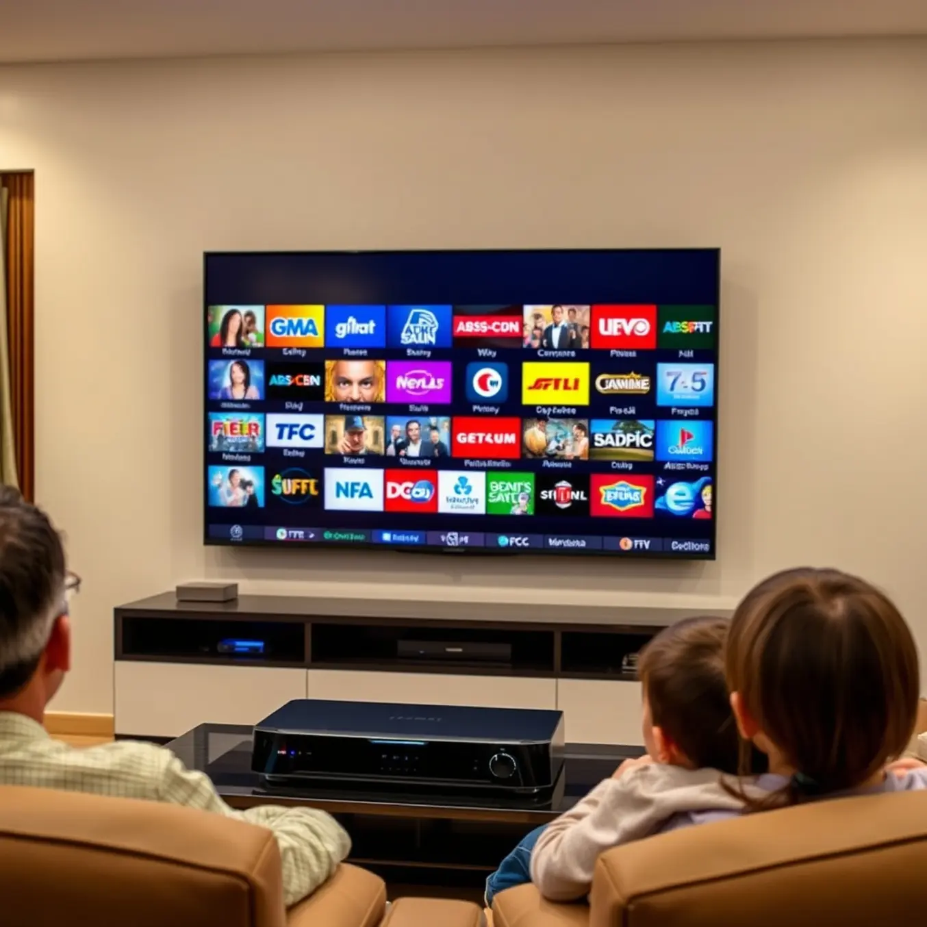 alt_text: A Filipino family relaxes on their sofa at night, watching a vibrant mosaic of popular local channels on their large flatscreen TV.