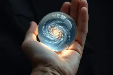 alt_text: A weathered hand cradles a luminous sphere containing a swirling galaxy, with ethereal light spilling through the fingers.