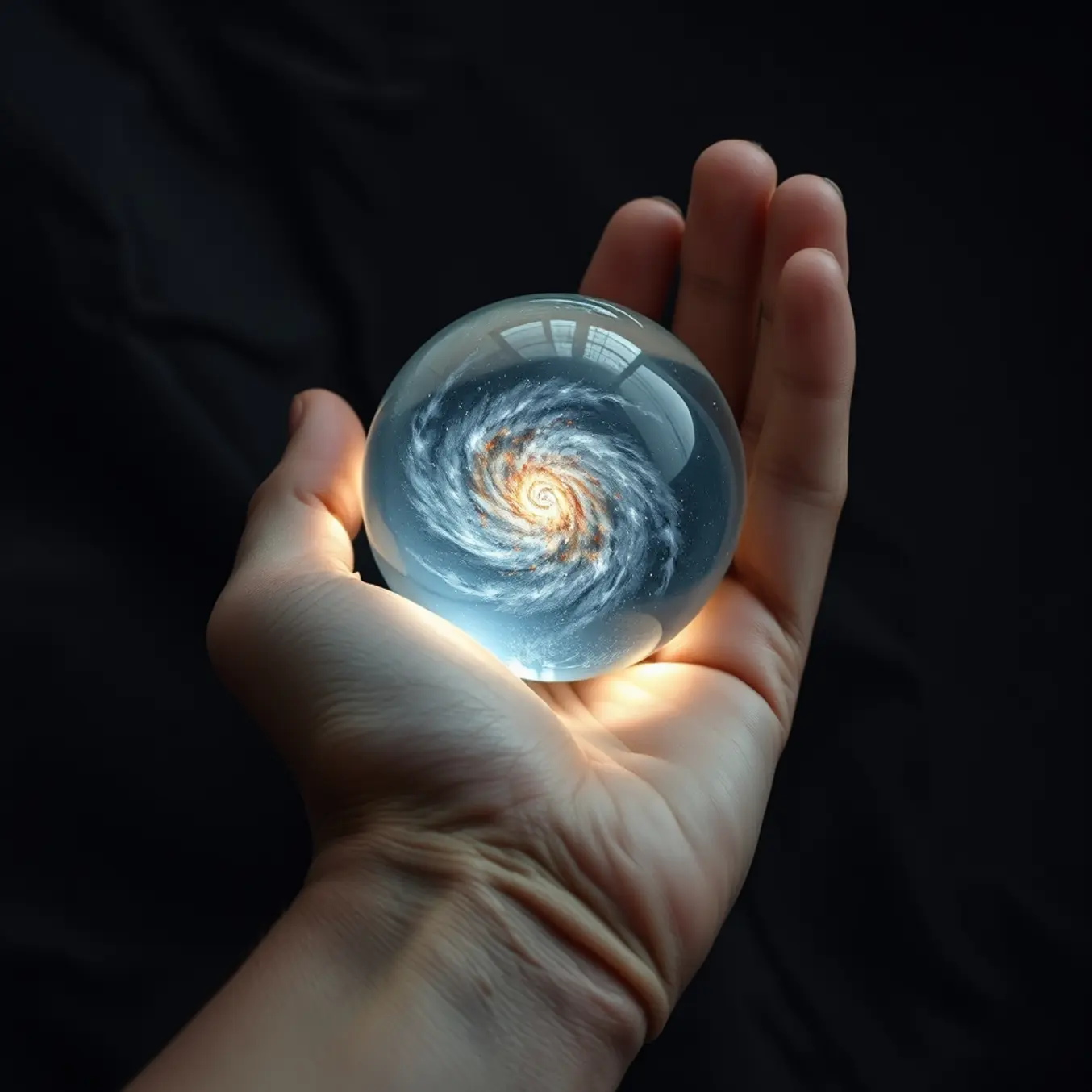 alt_text: A weathered hand cradles a luminous sphere containing a swirling galaxy, with ethereal light spilling through the fingers.