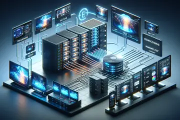 alt_text: A photorealistic infographic shows raw video files entering a server and being transcoded into multiple optimized streams for different devices.
