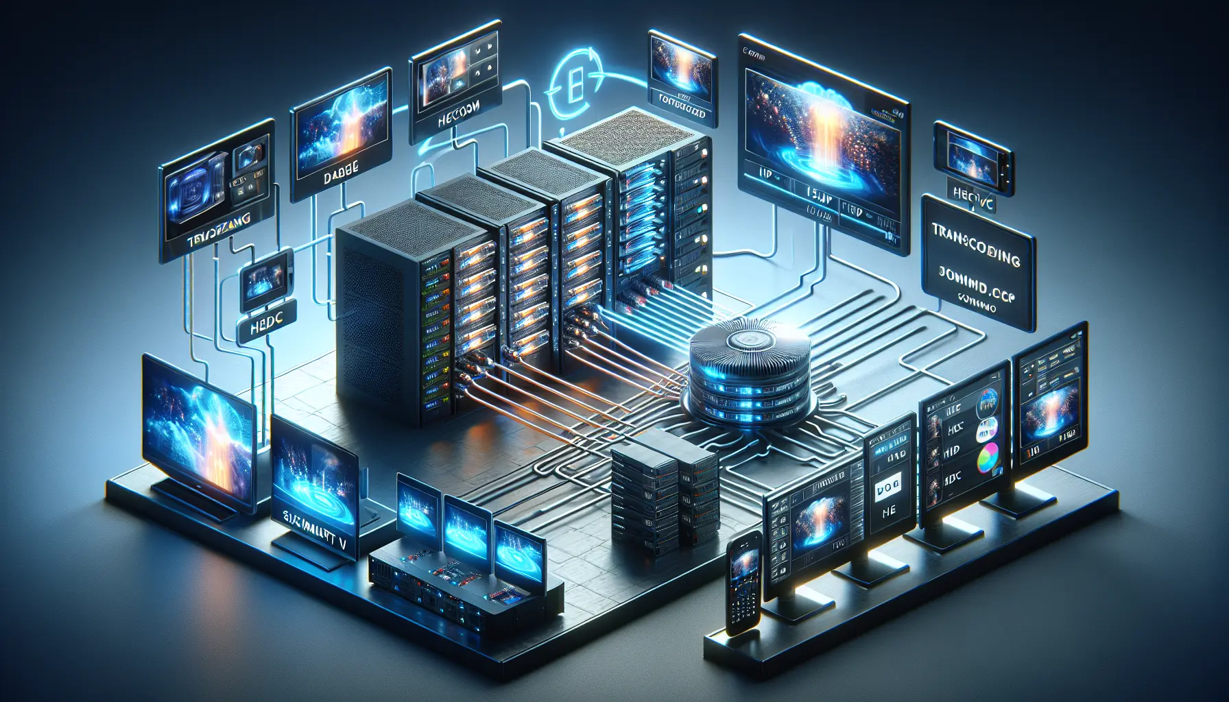 alt_text: A photorealistic infographic shows raw video files entering a server and being transcoded into multiple optimized streams for different devices.