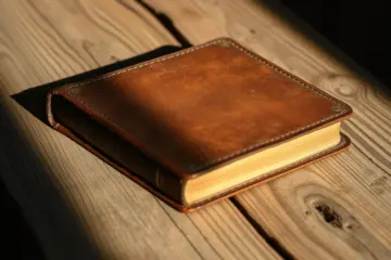 alt_text: A weathered leather-bound book lies on a rough wooden table, its textured surface highlighted by soft, dramatic side-lighting.