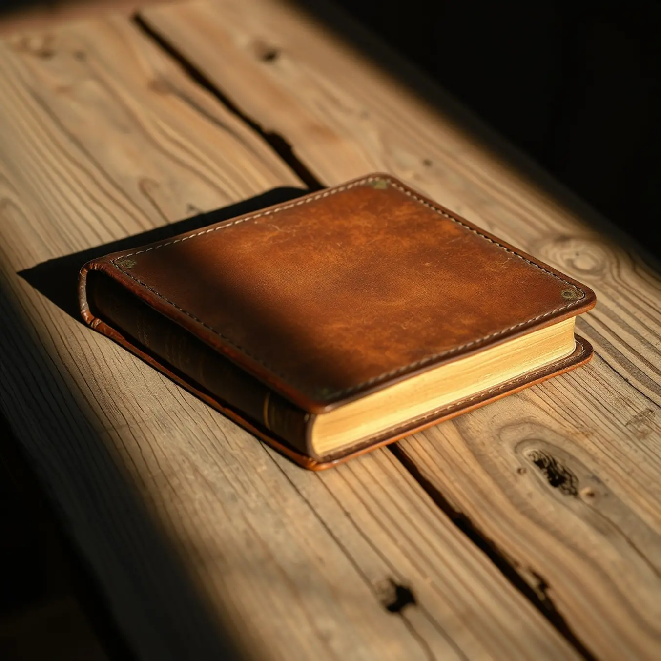 alt_text: A weathered leather-bound book lies on a rough wooden table, its textured surface highlighted by soft, dramatic side-lighting.