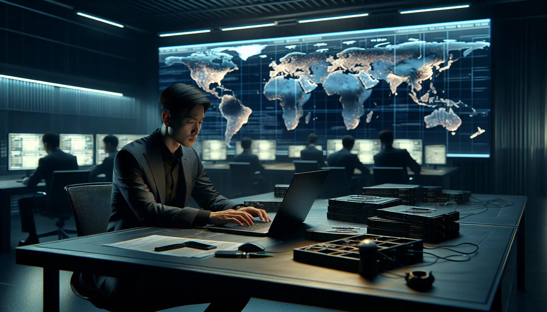 alt_text: A high-tech law enforcement operation targeting global digital piracy, showing an investigator analyzing evidence.