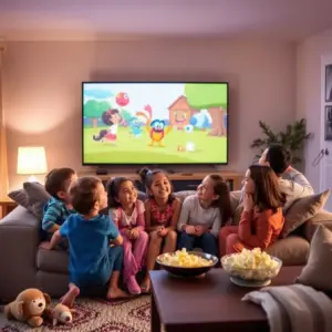 alt_text: A diverse family happily watches a vibrant cartoon on TV in a cozy, softly lit living room, sharing popcorn.