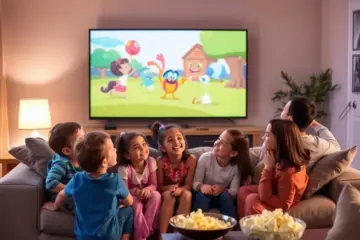alt_text: A diverse family happily watches a vibrant cartoon on TV in a cozy, softly lit living room, sharing popcorn.