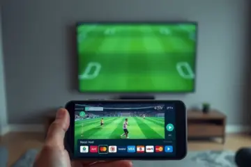 alt_text: A smartphone streams a vibrant 4K soccer match in a dim living room, with a large, blank TV on the wall in the background.