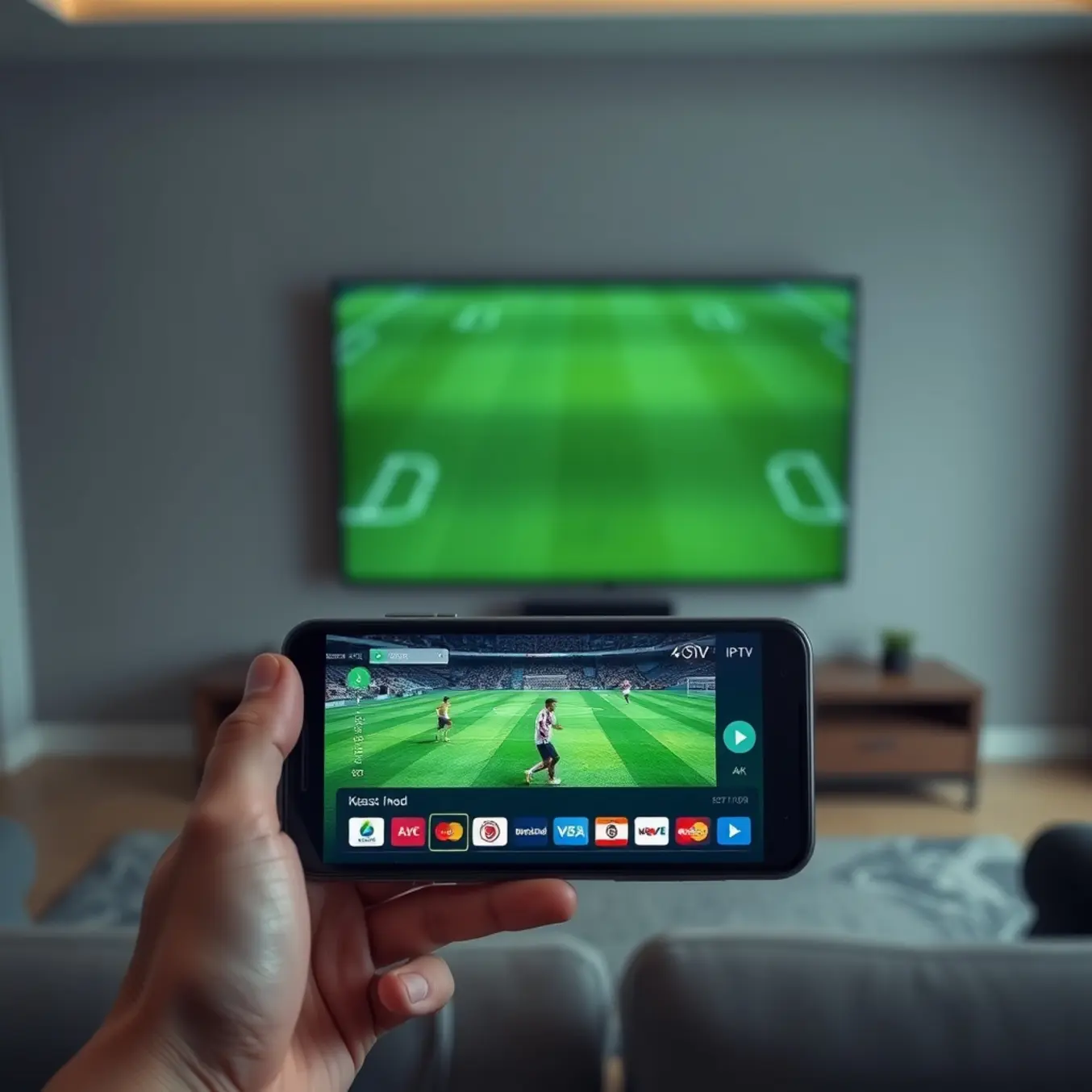 alt_text: A smartphone streams a vibrant 4K soccer match in a dim living room, with a large, blank TV on the wall in the background.