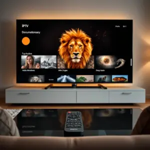 alt_text: A modern IPTV interface displays documentary thumbnails: wildlife, history, space, and archaeology, with a remote on a coffee table.