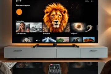 alt_text: A modern IPTV interface displays documentary thumbnails: wildlife, history, space, and archaeology, with a remote on a coffee table.