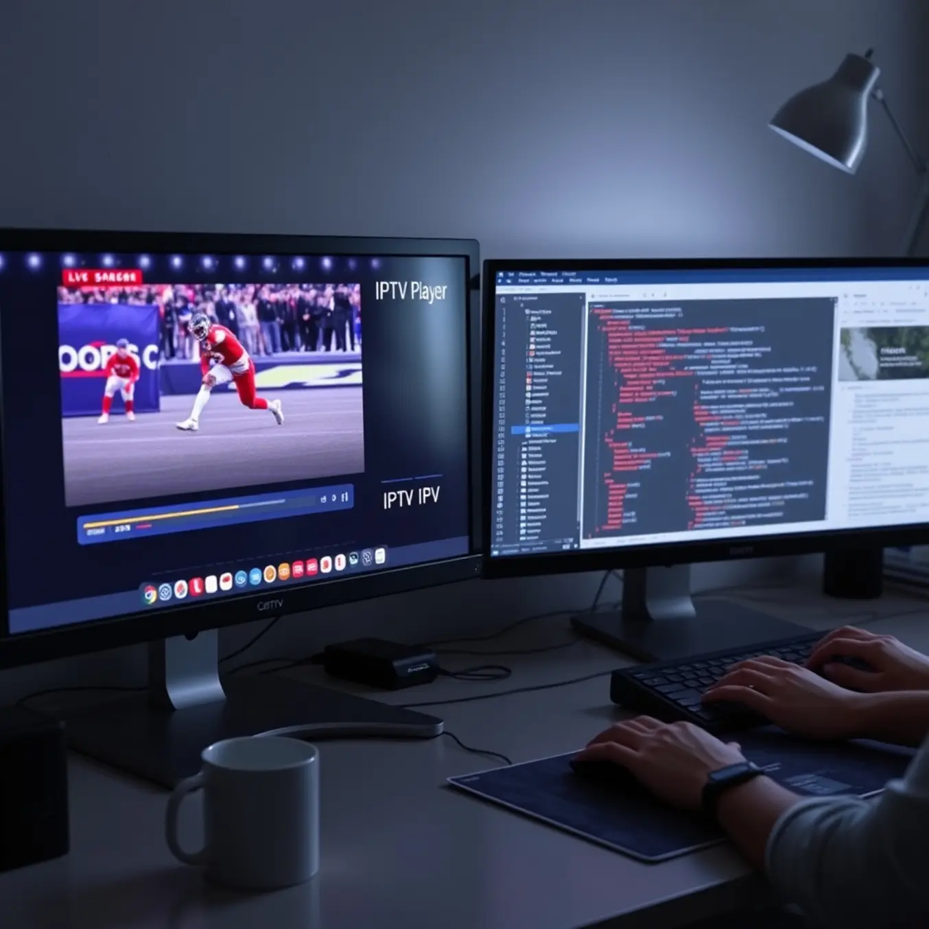 alt_text: A developer's split-screen desk: live sports on an IPTV player on the left monitor, coding on the right monitor with hands on the keyboard.