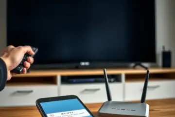 alt_text: A person frustrated by buffering, holding a remote at a black TV screen. A phone shows an IPTV error as the router blinks.