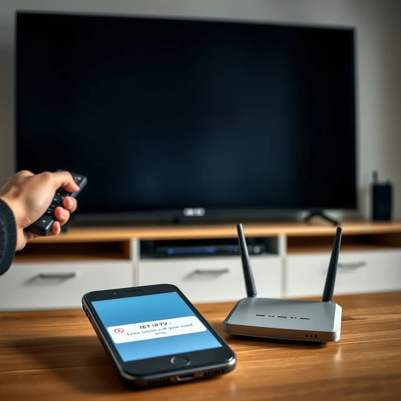 alt_text: A person frustrated by buffering, holding a remote at a black TV screen. A phone shows an IPTV error as the router blinks.