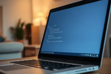 alt_text: A laptop's terminal shows commands for installing an IPTV app, with a cozy, blurred living room and a distant TV in the background.