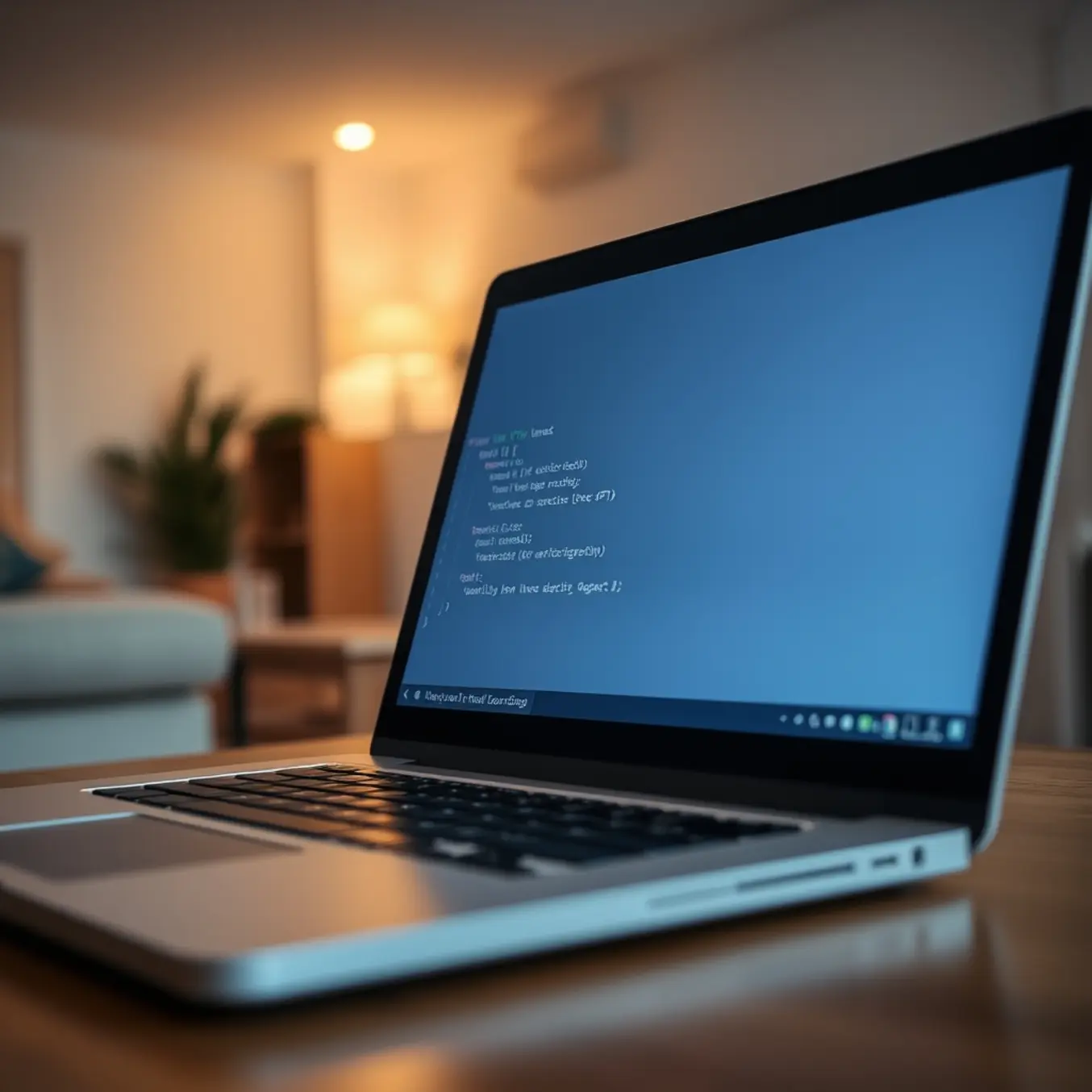 alt_text: A laptop's terminal shows commands for installing an IPTV app, with a cozy, blurred living room and a distant TV in the background.