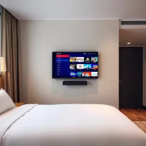 alt_text: A modern hotel room with a neatly made bed and a wall-mounted TV displaying a crisp IPTV channel guide and on-demand menu.