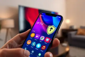 alt_text: A smartphone displays a vibrant IPTV app with a glowing VPN shield, reflected on a dark TV in a modern living room.