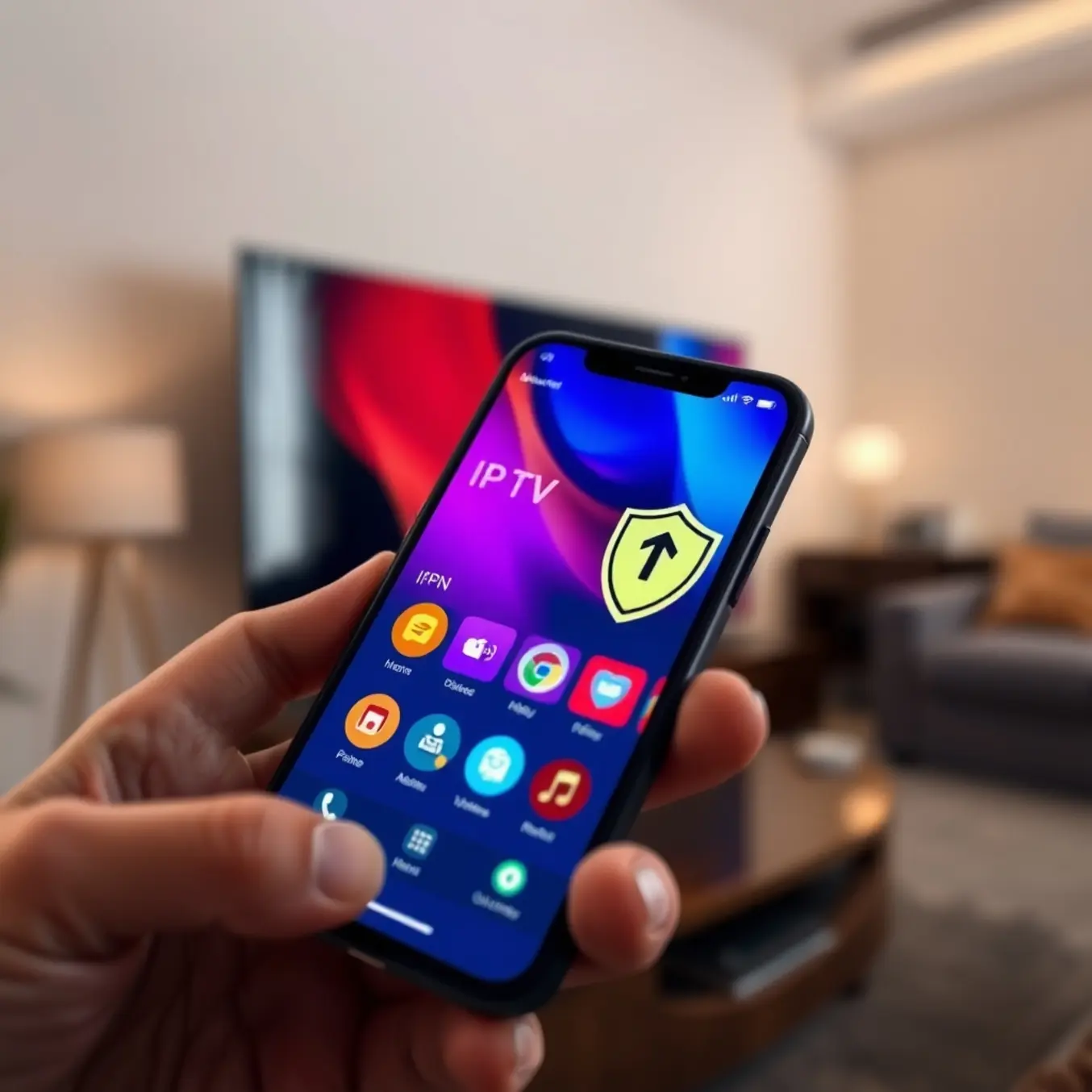 alt_text: A smartphone displays a vibrant IPTV app with a glowing VPN shield, reflected on a dark TV in a modern living room.