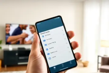 alt_text: A smartphone showing an IPTV app's parental control menu, set in a cozy living room, highlighting safe family entertainment.