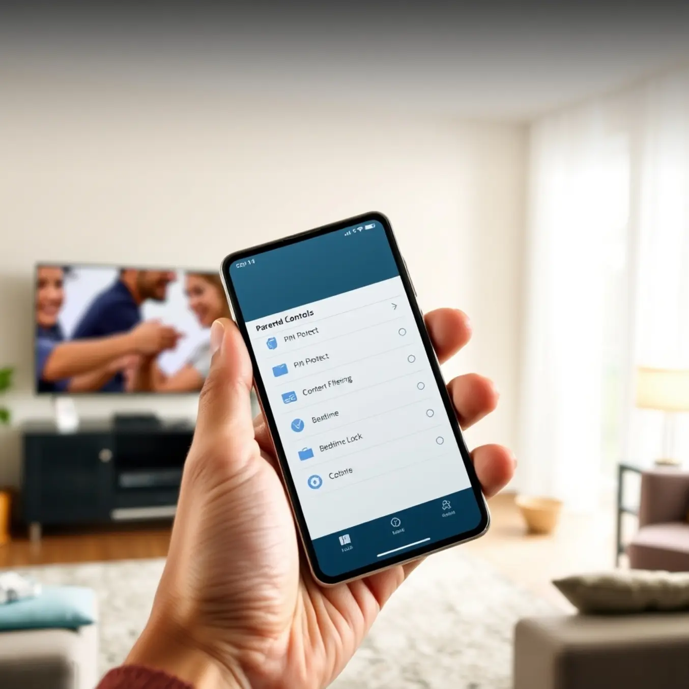 alt_text: A smartphone showing an IPTV app's parental control menu, set in a cozy living room, highlighting safe family entertainment.