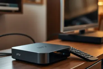alt_text: A modern IPTV box and remote on a wooden stand next to an older TV, showing new tech integrated into a cozy, traditional living room.