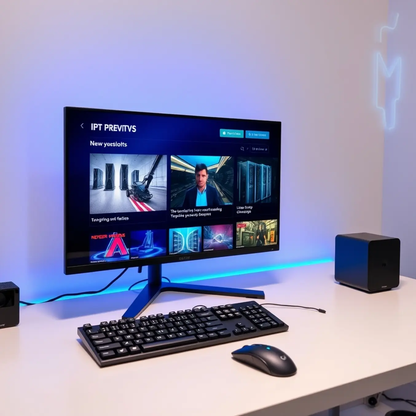 alt_text: A modern digital media setup with a futuristic IPTV interface on a monitor, showing tech channels, on a minimalist desk with keyboard and mouse.