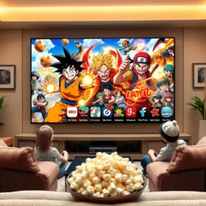 alt_text: Goku, Naruto, and Luffy watch anime on a massive flatscreen TV in a cozy modern living room.