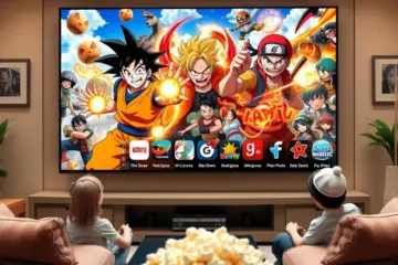 alt_text: Goku, Naruto, and Luffy watch anime on a massive flatscreen TV in a cozy modern living room.