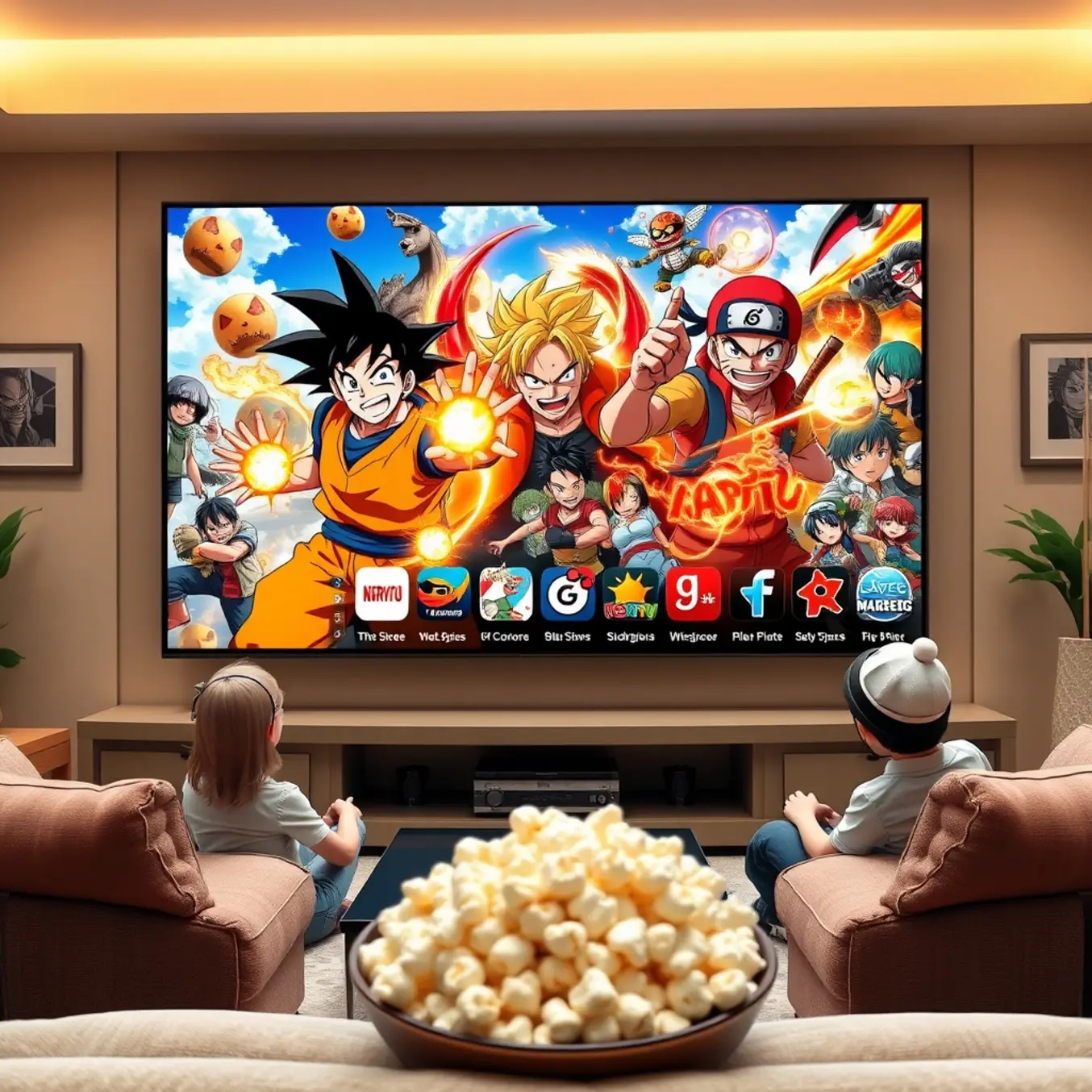 alt_text: Goku, Naruto, and Luffy watch anime on a massive flatscreen TV in a cozy modern living room.