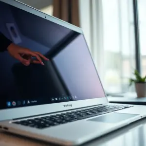 alt_text: A MacBook Pro on a modern desk, its screen displaying a high-quality IPTV streaming interface with a buffering icon and network diagnostics.