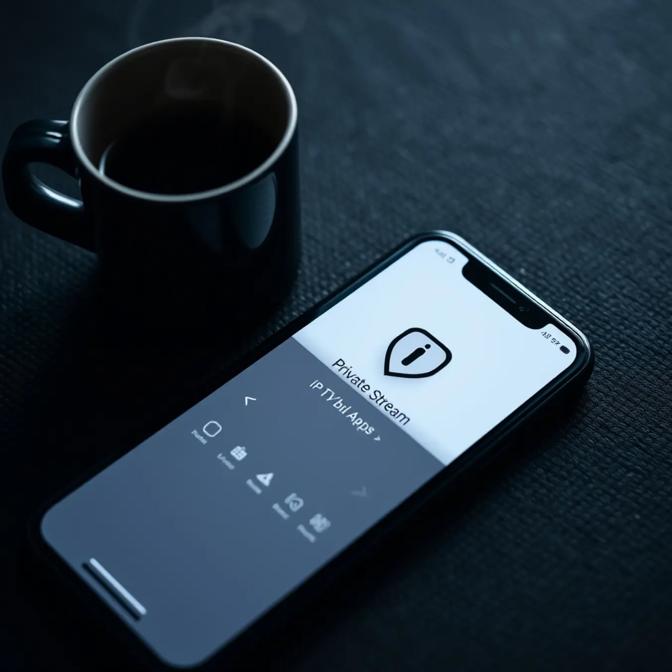 alt_text: A smartphone displays a minimalist "Private Stream" IPTV app with a shield icon, resting by coffee, evoking secure, calm viewing.