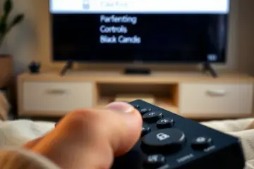 alt_text: A close-up of a remote control on a sofa, with a finger poised over the lock button for parental controls on a TV menu.
