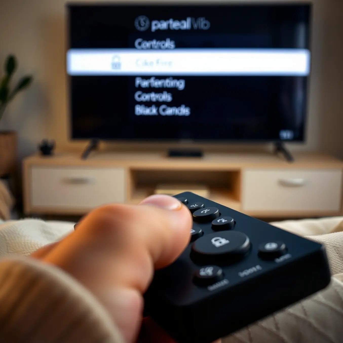 alt_text: A close-up of a remote control on a sofa, with a finger poised over the lock button for parental controls on a TV menu.
