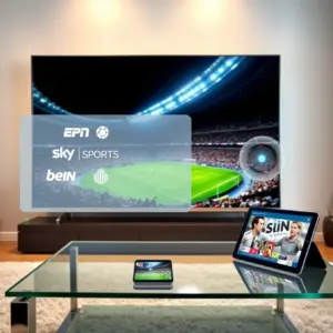 alt_text: A modern living room with a large TV showing a soccer match. A tech interface overlays the screen, with devices streaming live sports.