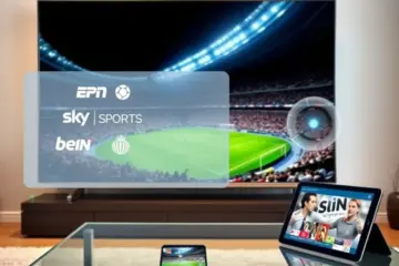 alt_text: A modern living room with a large TV showing a soccer match. A tech interface overlays the screen, with devices streaming live sports.
