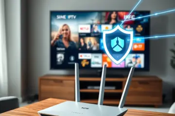 alt_text: A modern Wi-Fi 6 router on a desk, with glowing data trails connecting to a TV displaying vibrant IPTV protected by a VPN shield.