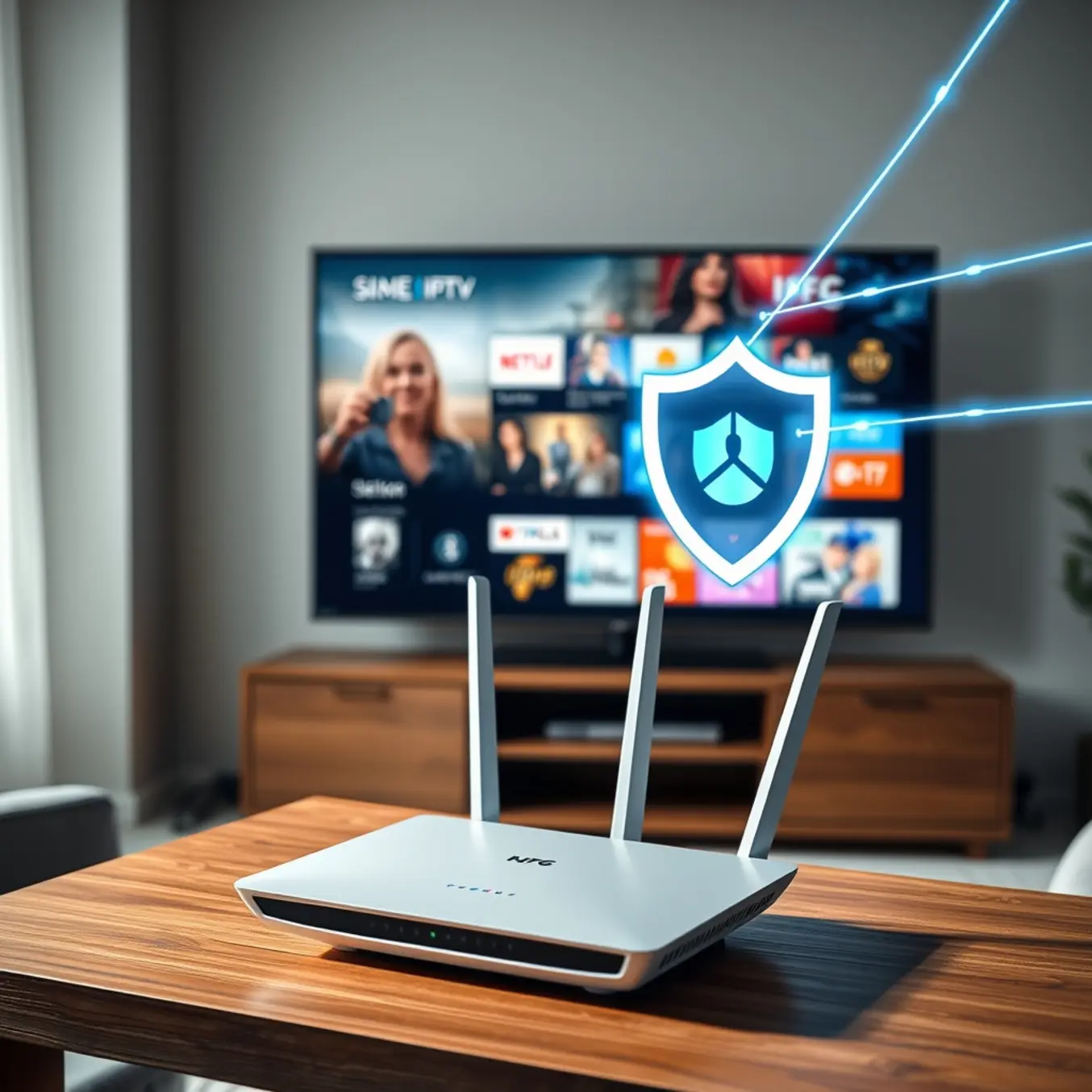 alt_text: A modern Wi-Fi 6 router on a desk, with glowing data trails connecting to a TV displaying vibrant IPTV protected by a VPN shield.