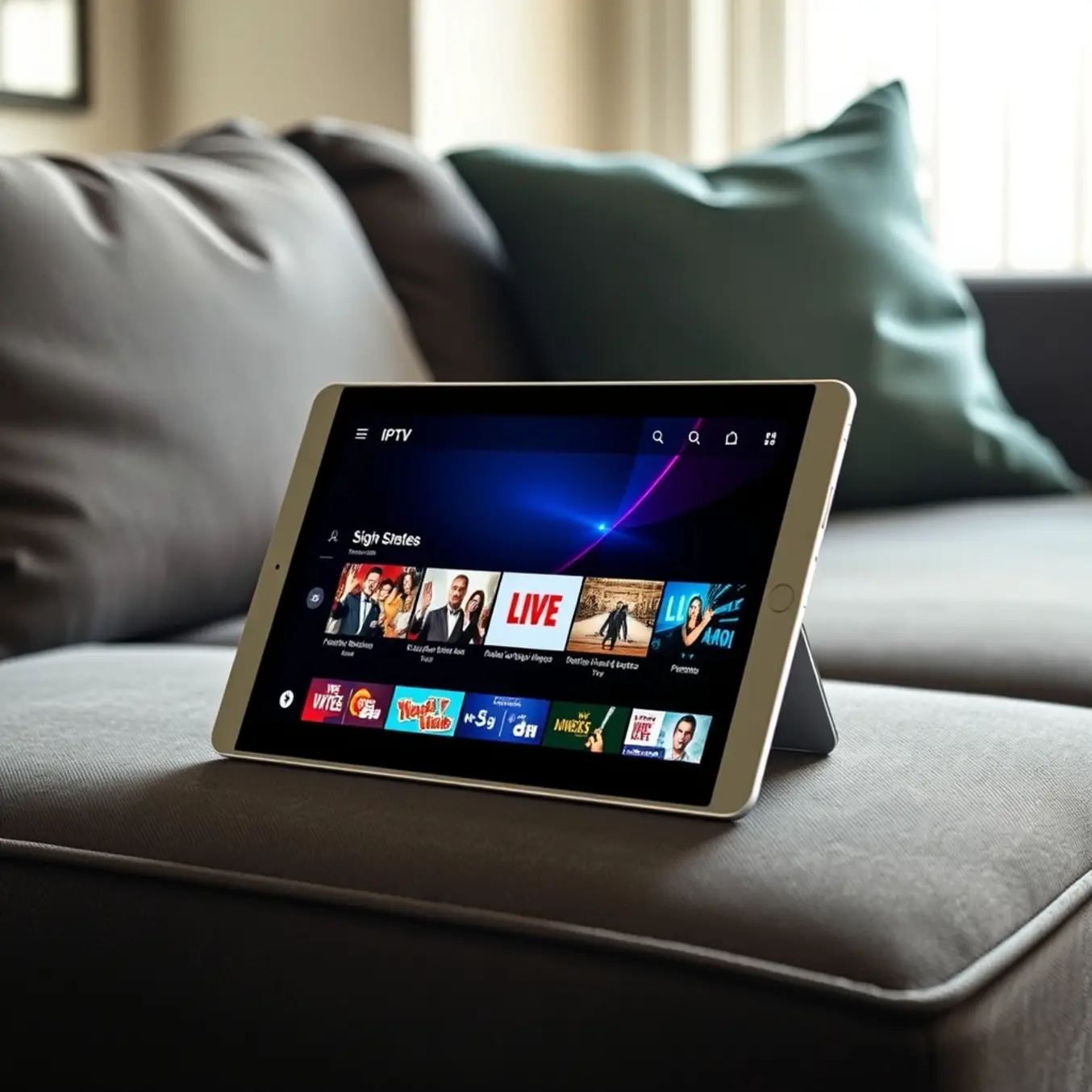 alt_text: A sleek tablet on a dark surface displays a vibrant IPTV app with live TV channels in a cozy living room setting.