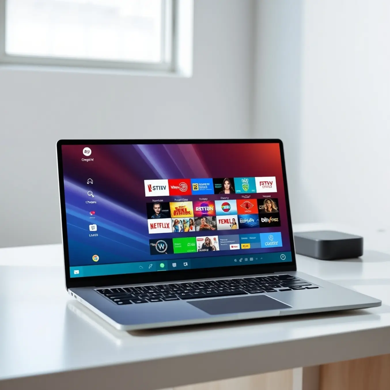 alt_text: A sleek Windows 11 laptop displays a vibrant IPTV channel grid on a clean, modern desktop.