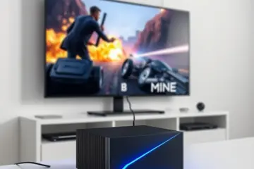 alt_text: A sleek mini PC on a minimalist desk, with a vibrant movie scene displayed on a large 4K wall-mounted television.